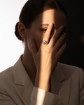 Silvme clover shell turtle silver ring for women worn layered with slim silver stacking rings on the hand