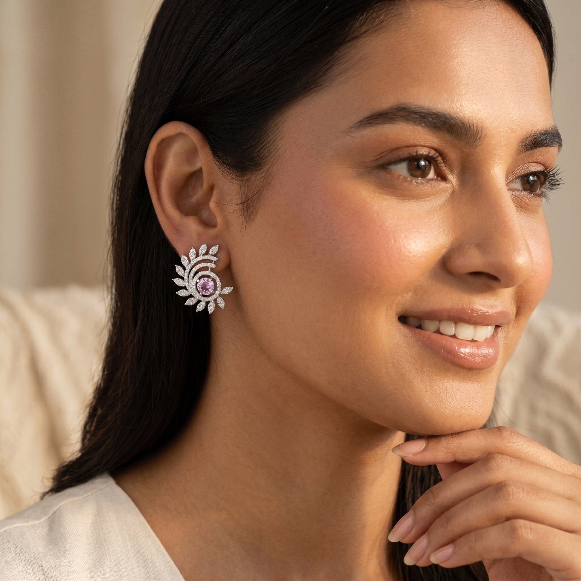 Pink-Centre Feather-Leaf Stud Earrings, close-up detail