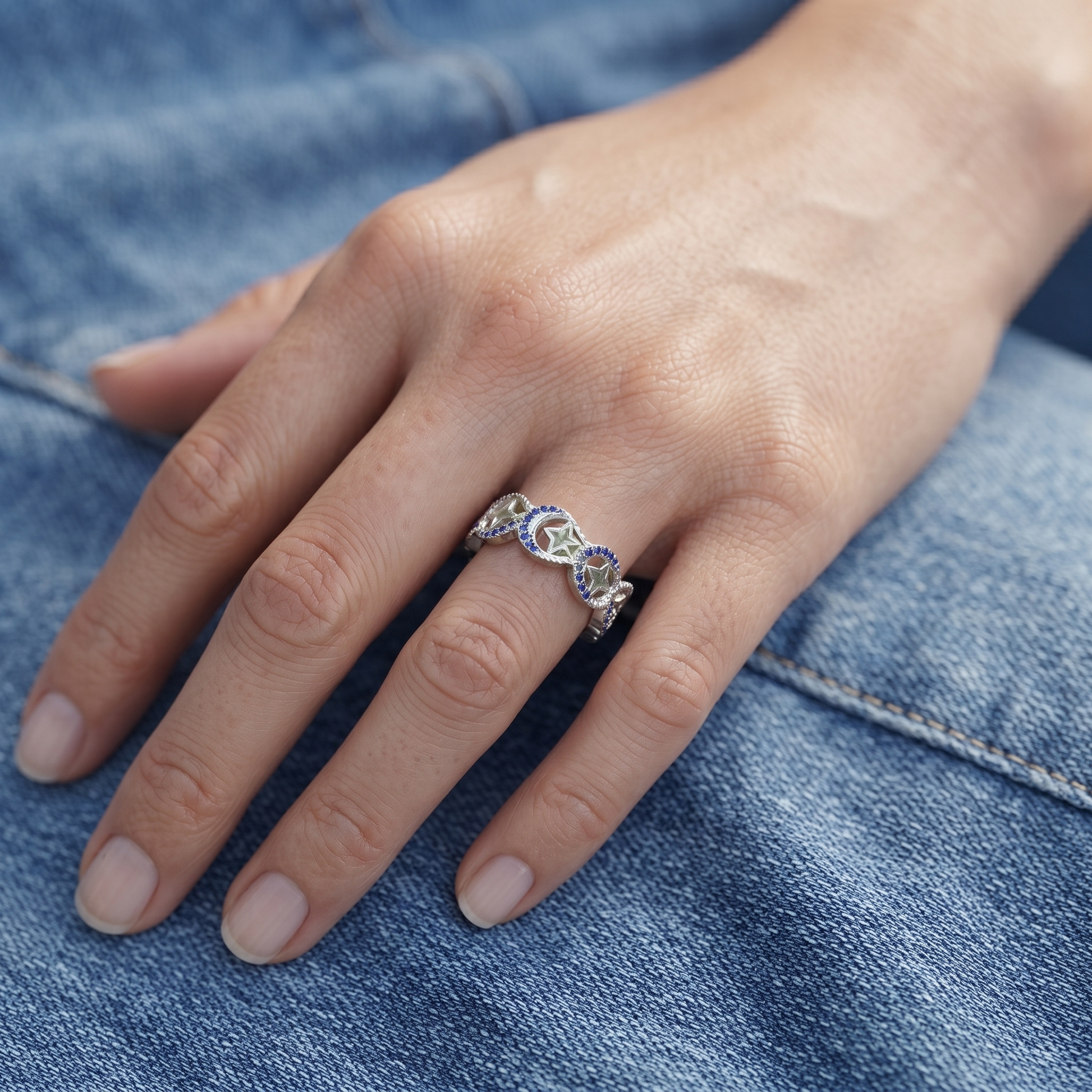Silvme blue stone link 925 sterling silver ring for women with openwork linked circles set with blue stones