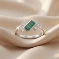 Silvme green emerald-cut stone silver ring for women worn paired with minimal silver bands on the hand