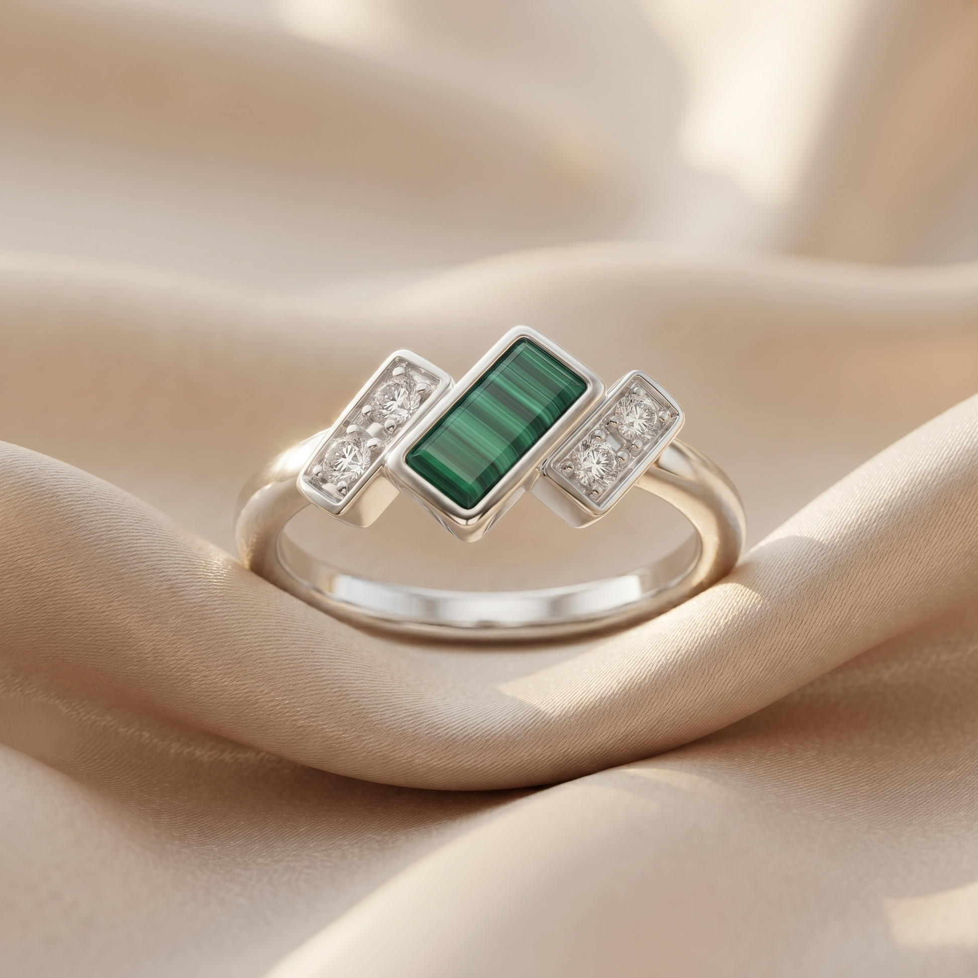 Silvme green emerald-cut stone silver ring for women worn paired with minimal silver bands on the hand