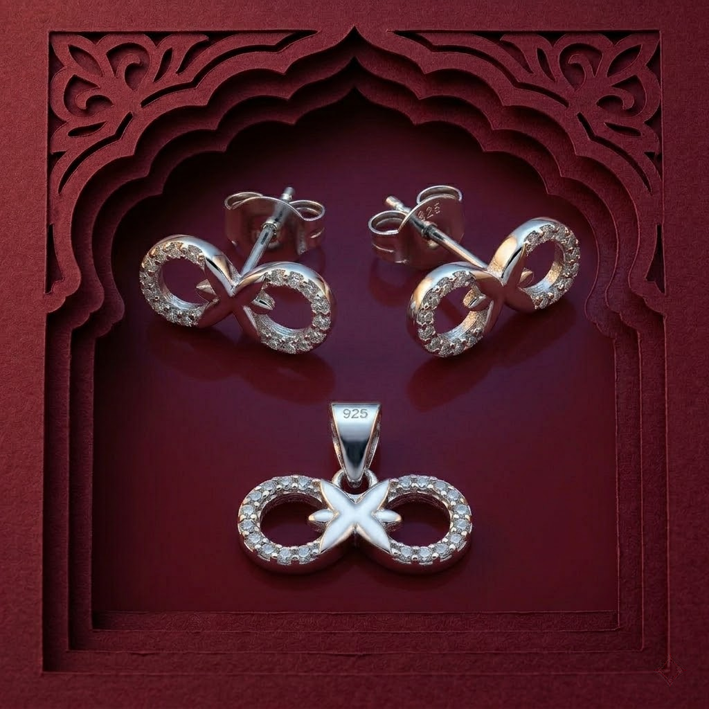 Silvme 925 silver ribbon bow pendant and stud earrings with cubic zirconia, matching earrings close-up