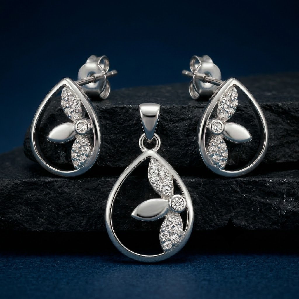 Silvme 925 silver teardrop pendant and drop earrings with cubic zirconia, close-up detail