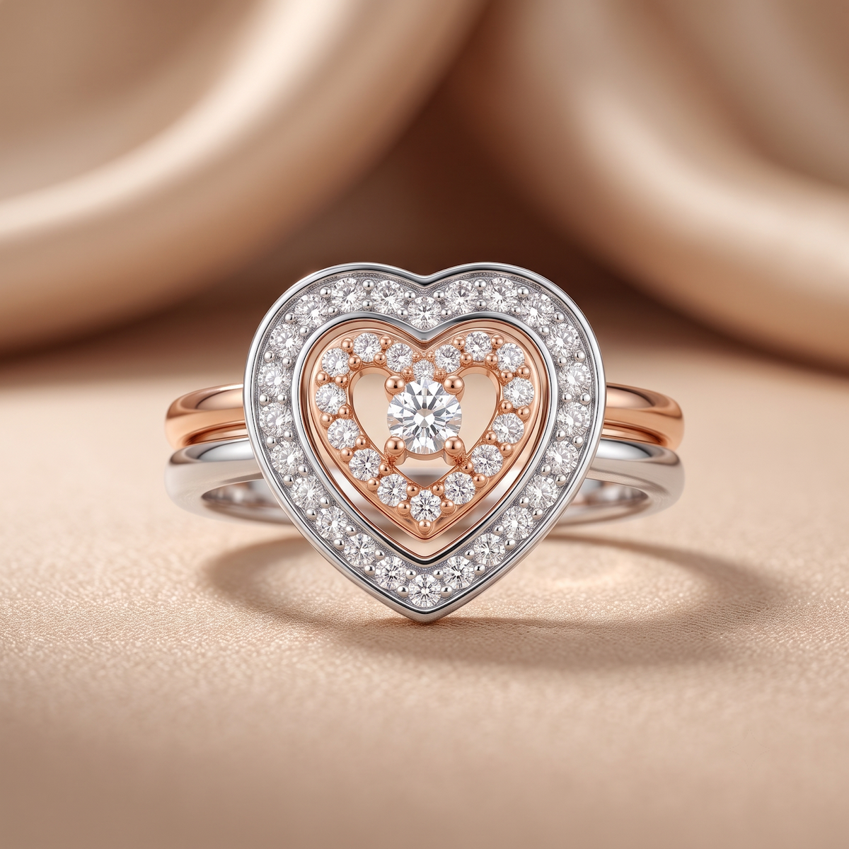 Silvme Heart Halo with cubic zirconia 925 sterling silver heart ring for women, two-tone rose gold and silver, two tone silver ring, rose gold silver ring, on-hand styling view