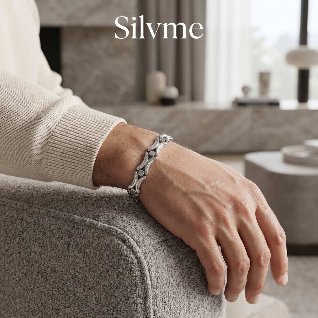 Silvme 925 sterling silver open arc link bracelet for men shaped into an oval on a white background