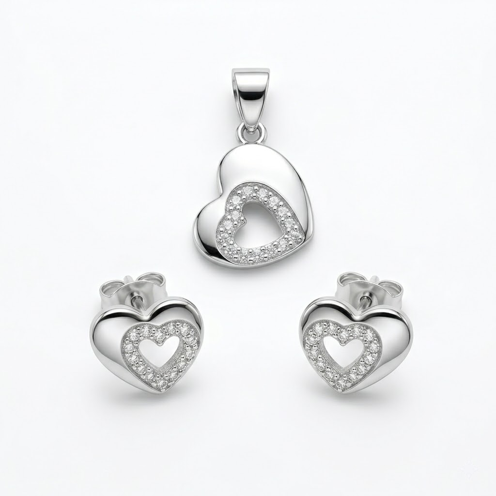 Silvme pure 925 sterling silver open heart pendant and stud earrings set with cubic zirconia, front view on white background