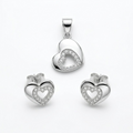 Silvme pure 925 sterling silver open heart pendant and stud earrings set with cubic zirconia, front view on white background