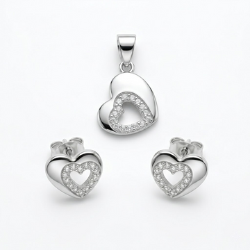 Silvme pure 925 sterling silver open heart pendant and stud earrings set with cubic zirconia, front view on white background