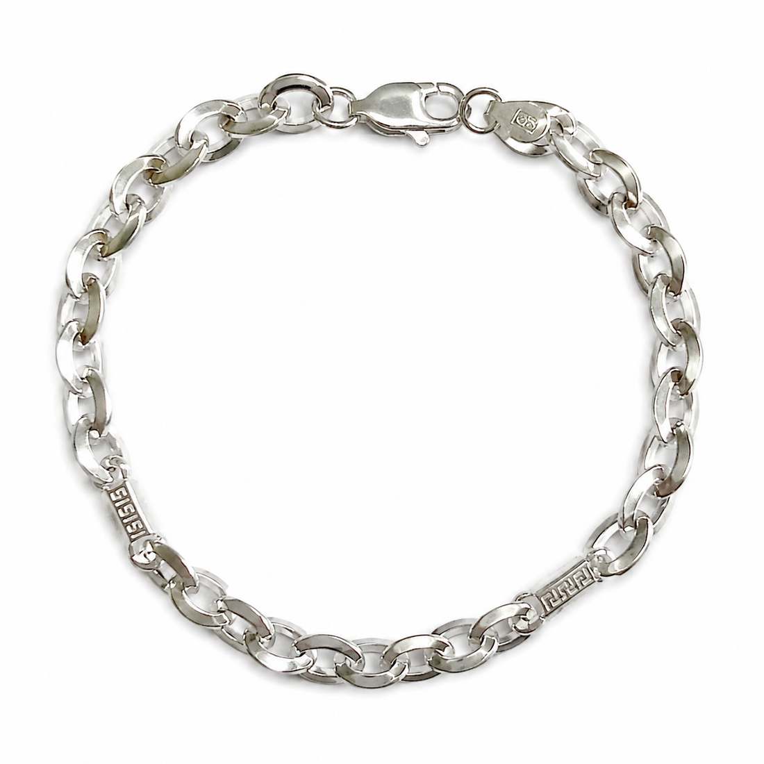 Silvme 925 sterling silver greek key mariner bracelet for men shaped into an oval on a white background