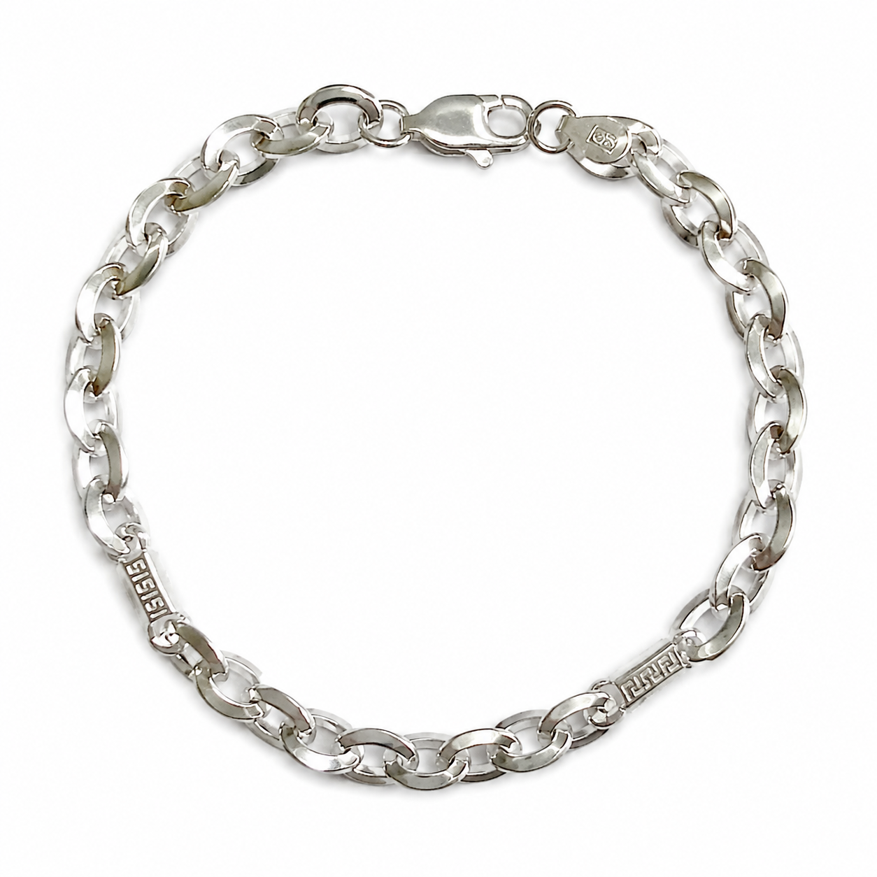 Silvme 925 sterling silver greek key mariner bracelet for men shaped into an oval on a white background