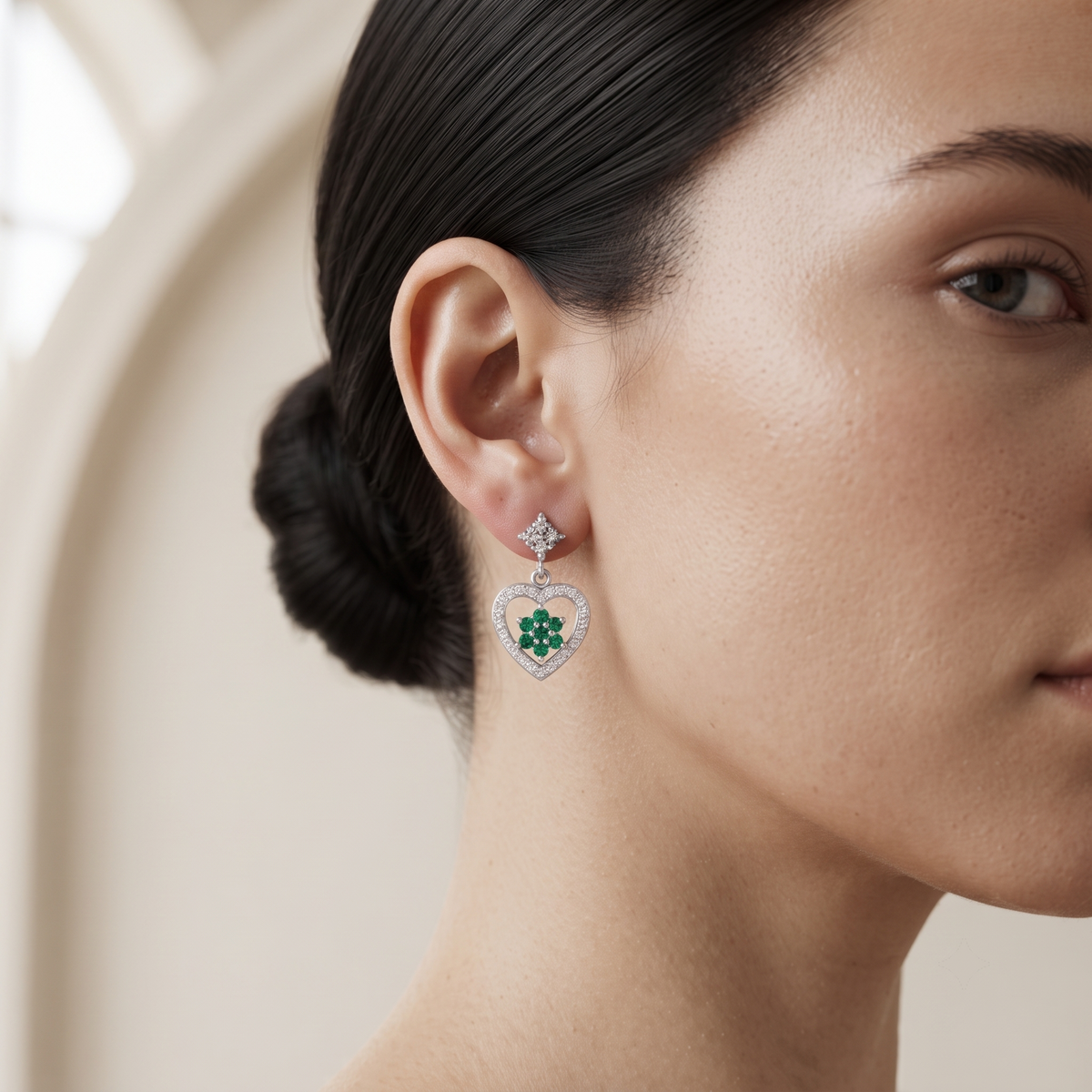 Green Floral Heart Drop 925 silver drop stud earrings for women, party wear, alternate angle