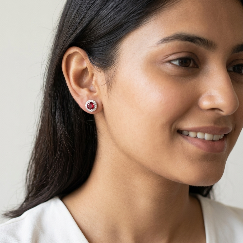 Red Round Halo Stud Earrings, additional product view 4