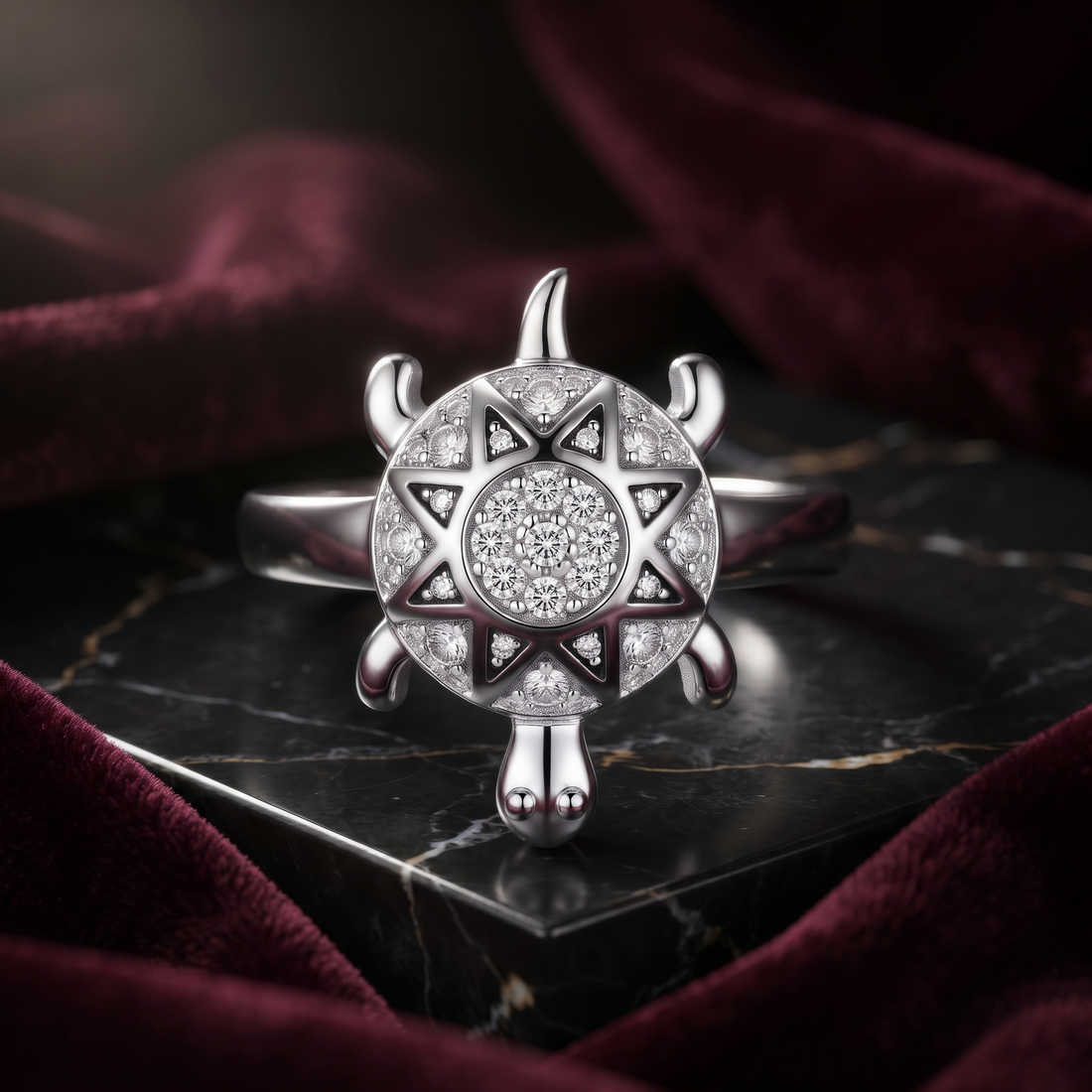 Silvme pave turtle 925 sterling silver ring for women with rounded shell closely lined with small stones