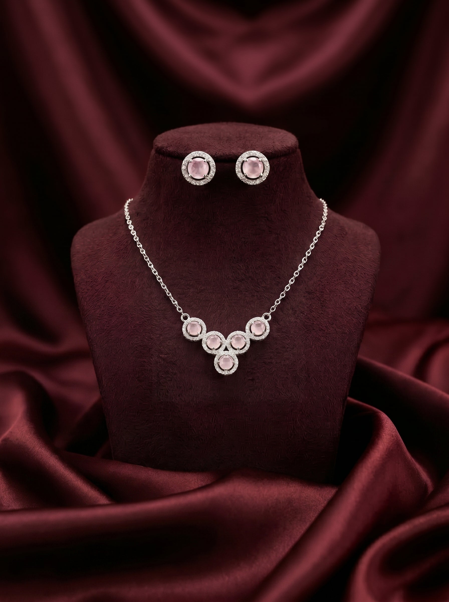 Silvme 925 silver pink cluster pendant necklace and stud earrings with pink cubic zirconia, alternate angle