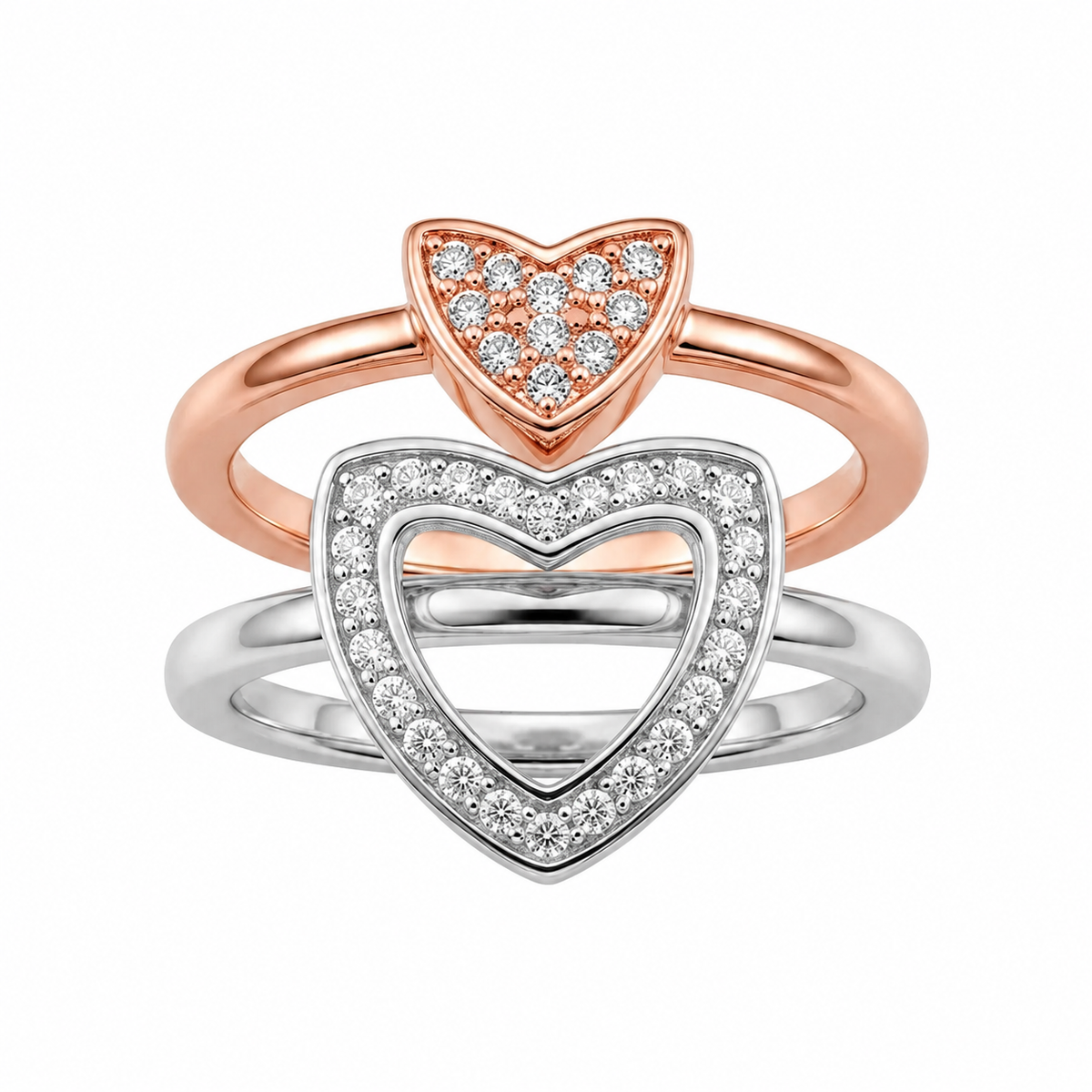 Silvme Heart Diamond with cubic zirconia 925 sterling silver heart ring for women, two-tone rose gold and silver, adjustable look ring, stacking ring for women, gift box packaging view