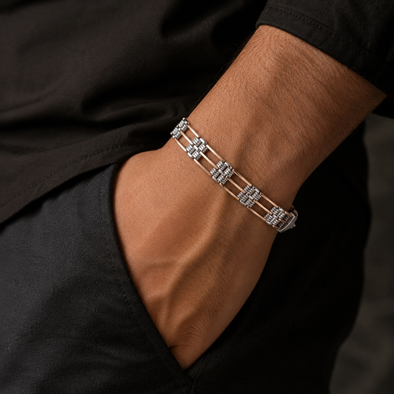 Full length of the rose gold-tone panel bracelet showing its rose gold-tone finish