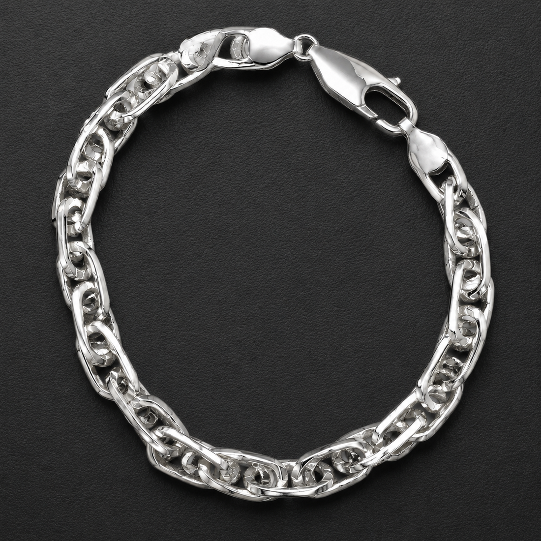Silvme 925 sterling silver chunky twisted link bracelet for men shaped into an oval on a white background