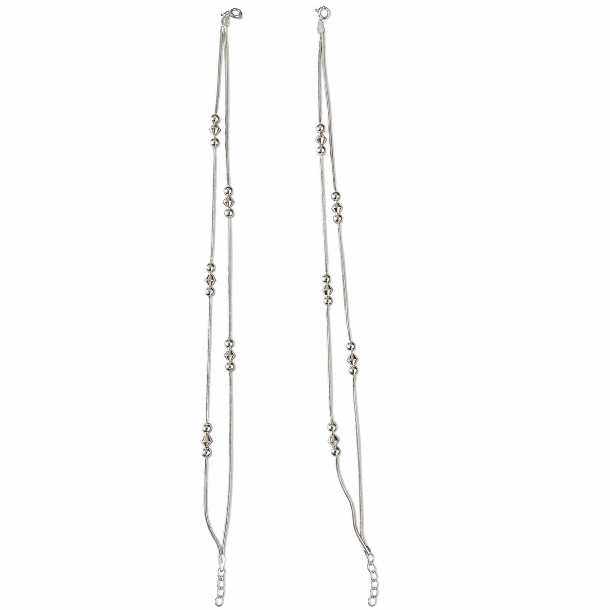 Silvme 925 sterling silver minimal beaded chain anklet with delicate silver station beads in a minimalist chain, white background full view