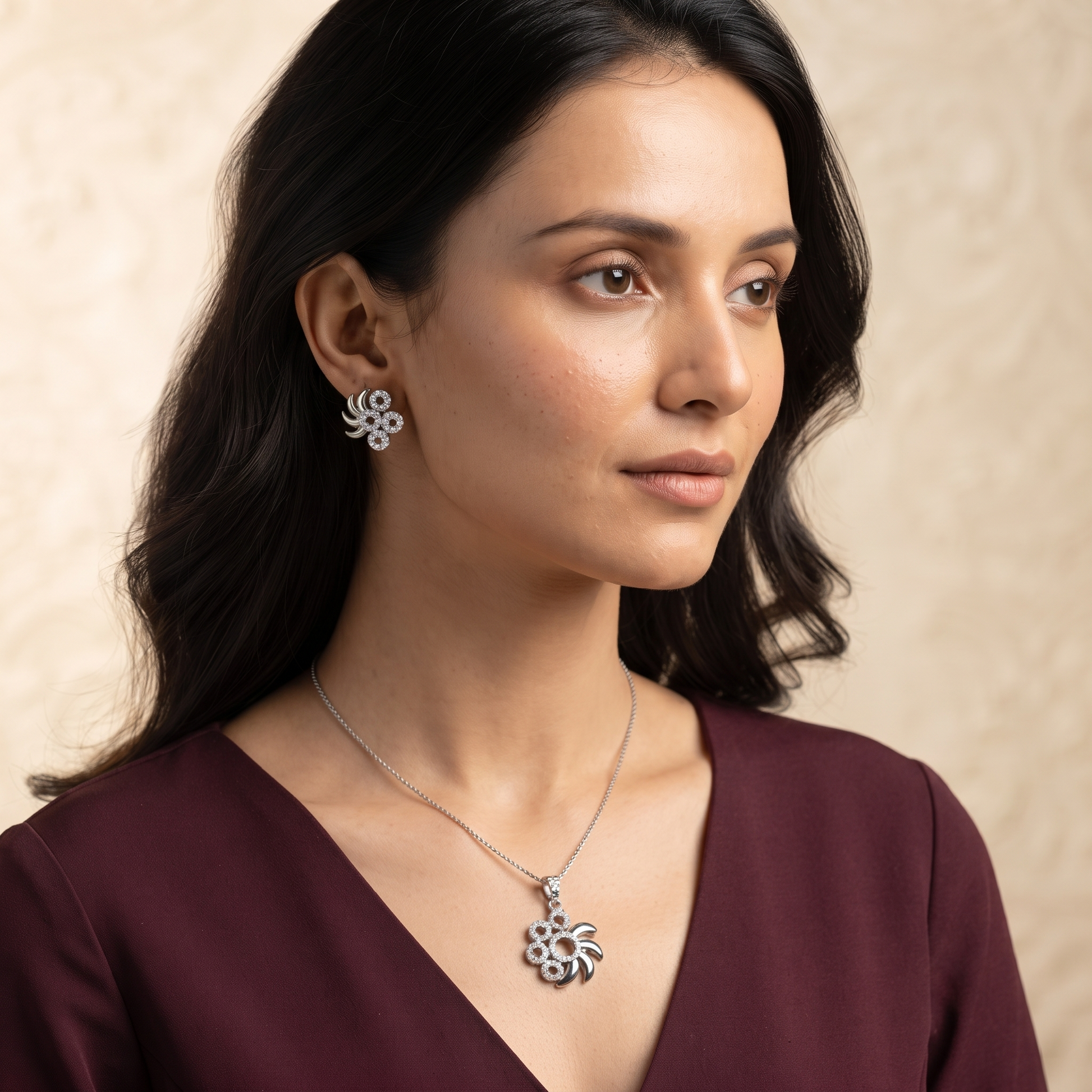Silvme 925 silver pinwheel pendant and stud earrings with cubic zirconia, gift styling view