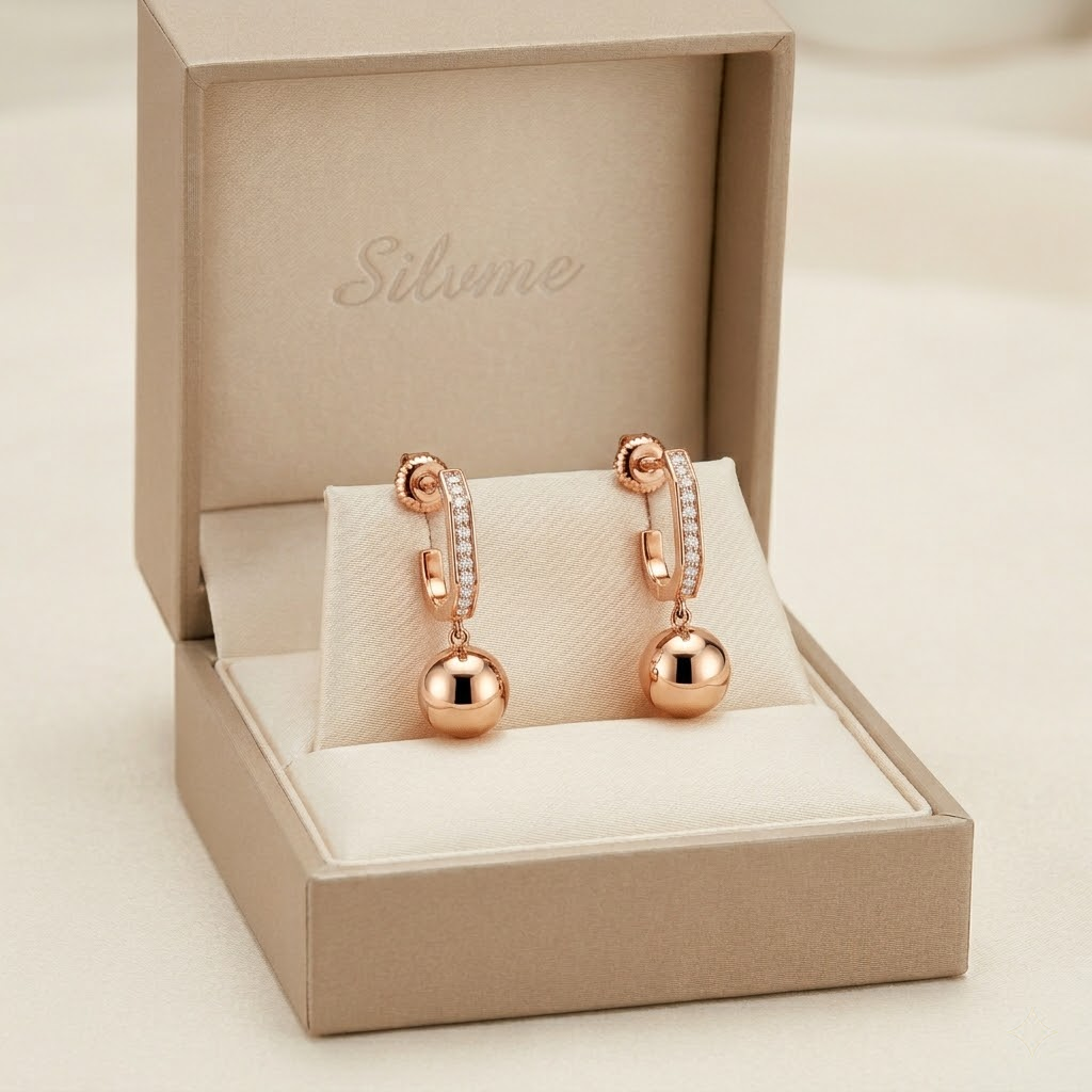 Rose Gold Channel Huggie Ball Drop Earrings, additional product view 3