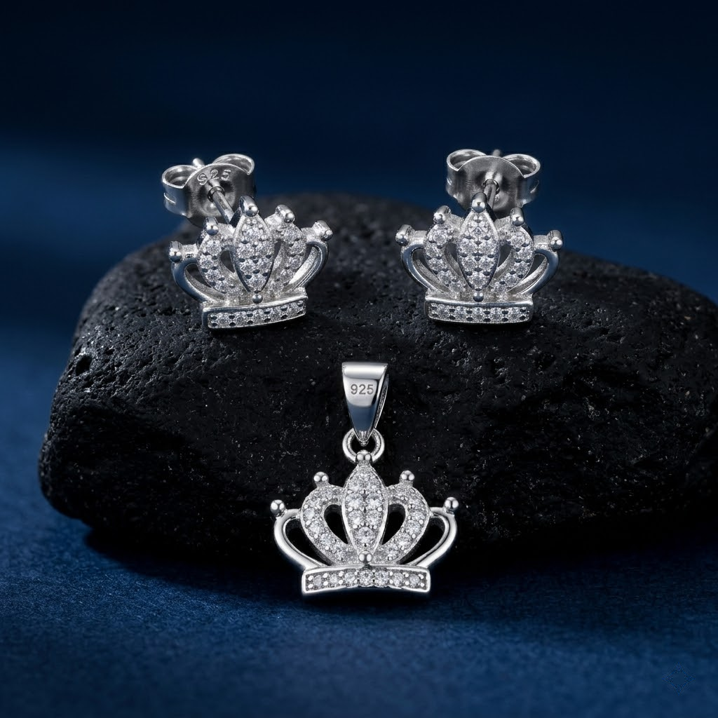 Crown 925 sterling silver pendant and stud earrings jewellery set with cubic zirconia by Silvme â€” pendant close-up