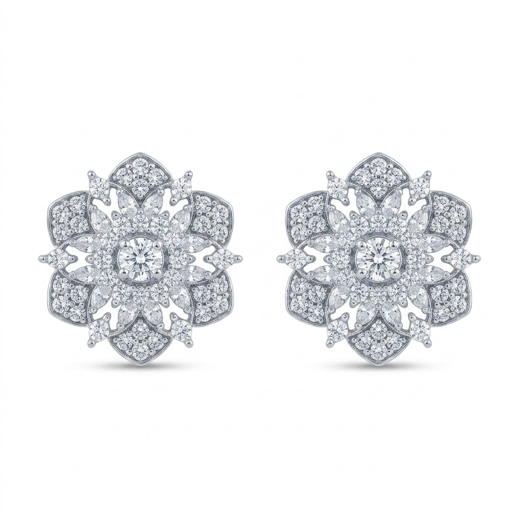 Ornate Floral Snowflake Stud Earrings, front product view