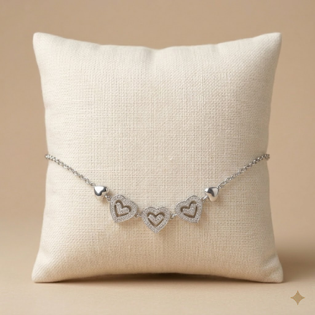 Silvme Triple Heart Pavé Charm Bracelet highlighting its cubic zirconia accents in 925 sterling silver