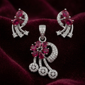 Silvme 925 silver red floral pendant and drop earrings with red cubic zirconia, close-up detail