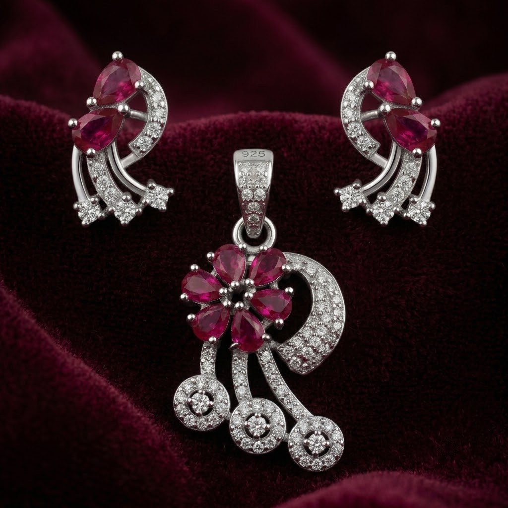 Silvme 925 silver red floral pendant and drop earrings with red cubic zirconia, close-up detail