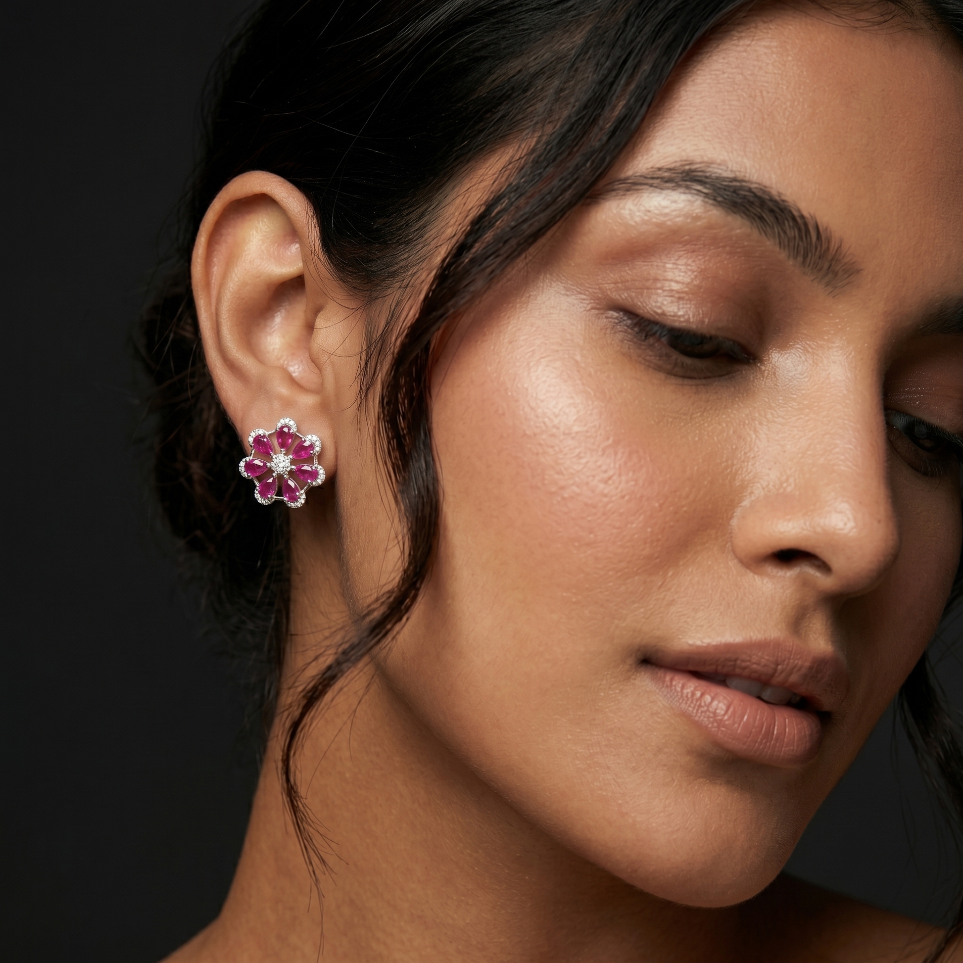 Pink-Centre Five-Petal Floral Stud Earrings, additional product view 6