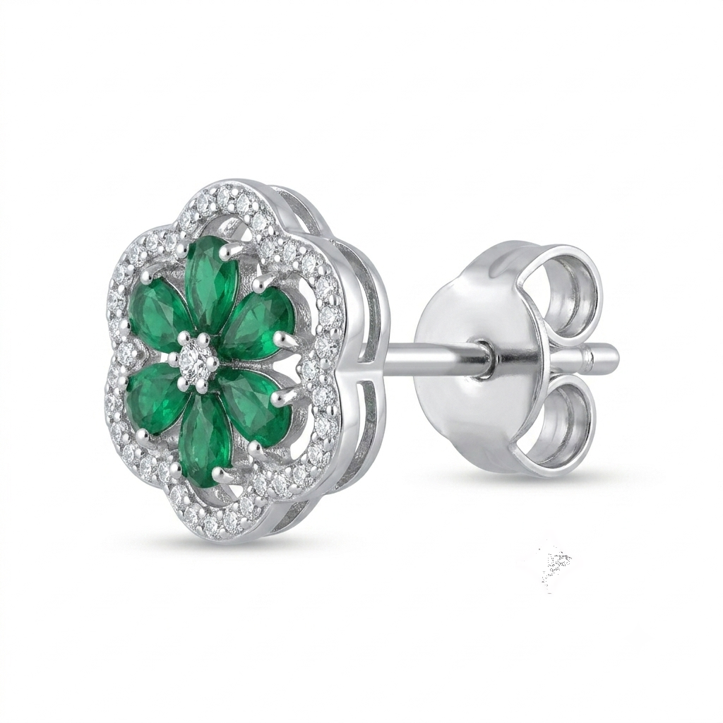 Green Four-Petal Floral Stud Earrings, close-up detail