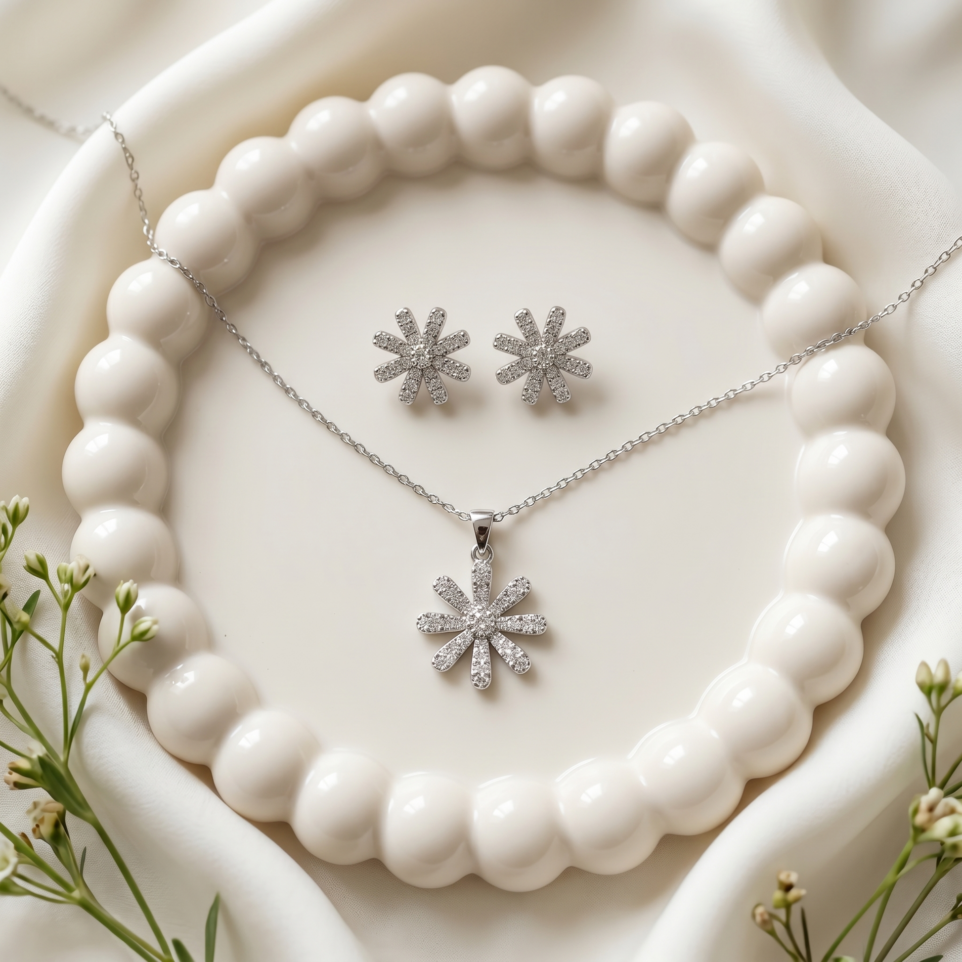 Silvme pure 925 sterling silver floral flower pendant and stud earrings set with cubic zirconia, gift styling view