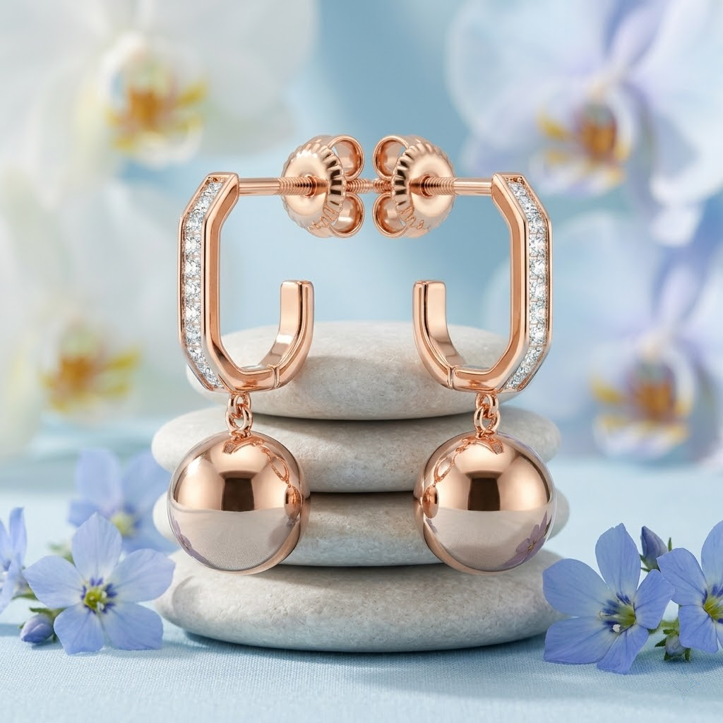 Rose Gold Channel Huggie Ball Drop Earrings, additional product view 8