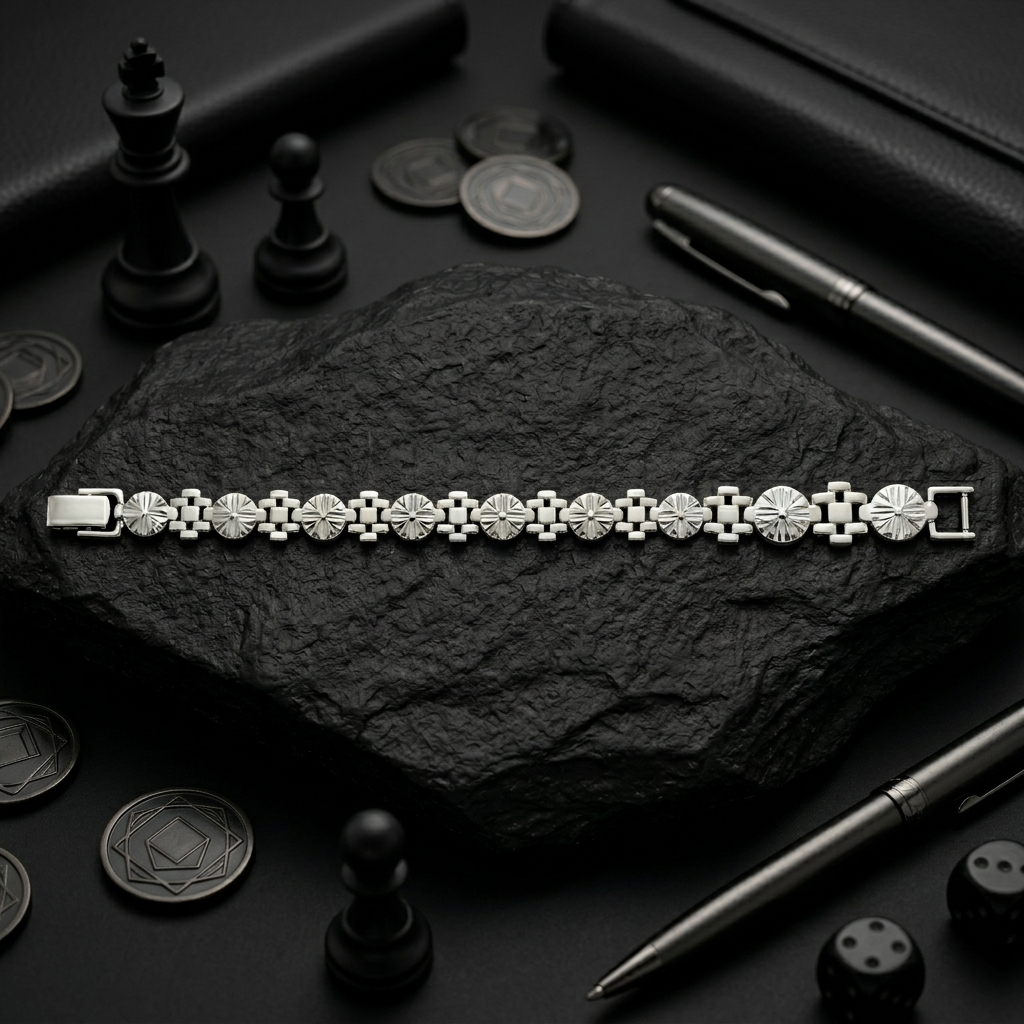 Full length of the floral medallion link bracelet showing its polished silver-tone finish