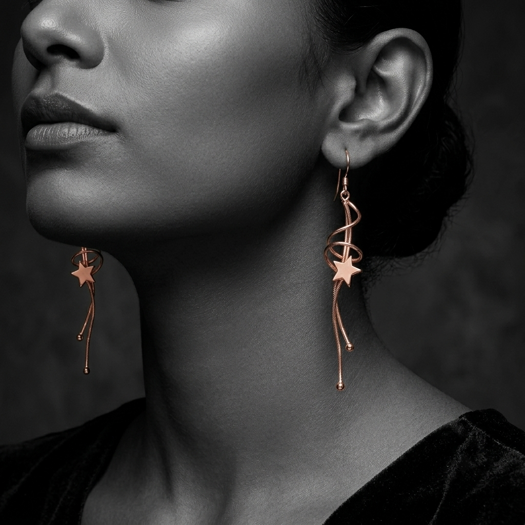 Rose Gold Floating Star Dangle Earrings, close-up detail