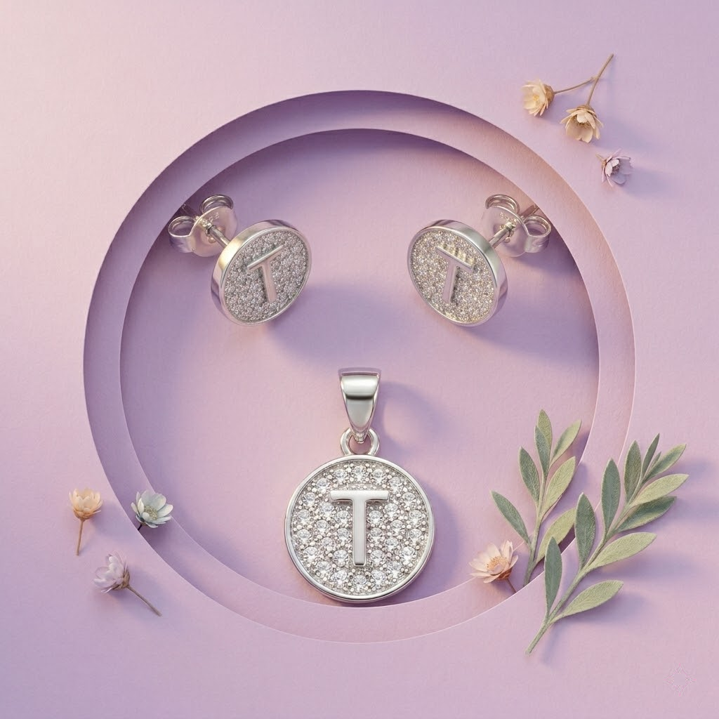 Silvme 925 silver initial t pendant necklace and stud earrings with cubic zirconia, matching earrings close-up