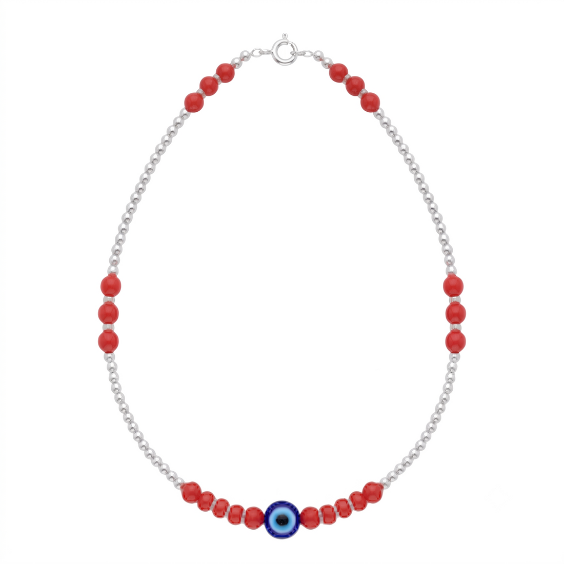 Silvme 925 sterling silver red bead evil eye anklet with red beads and a blue evil-eye charm, white background full view