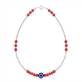 Silvme 925 sterling silver red bead evil eye anklet with red beads and a blue evil-eye charm, white background full view