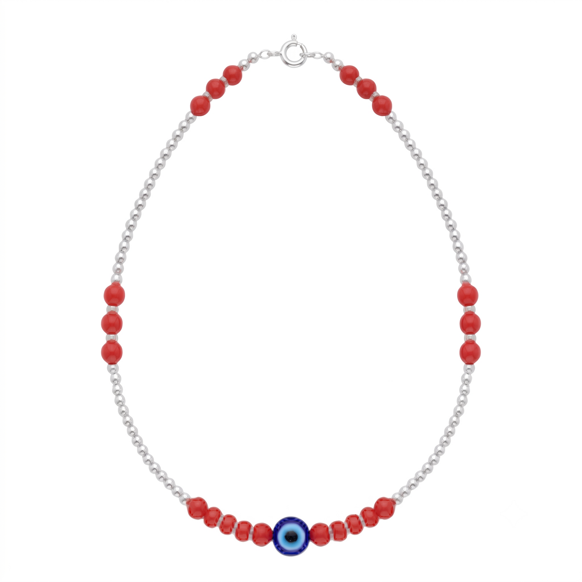 Silvme 925 sterling silver red bead evil eye anklet with red beads and a blue evil-eye charm, white background full view