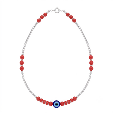 Silvme 925 sterling silver red bead evil eye anklet with red beads and a blue evil-eye charm, white background full view
