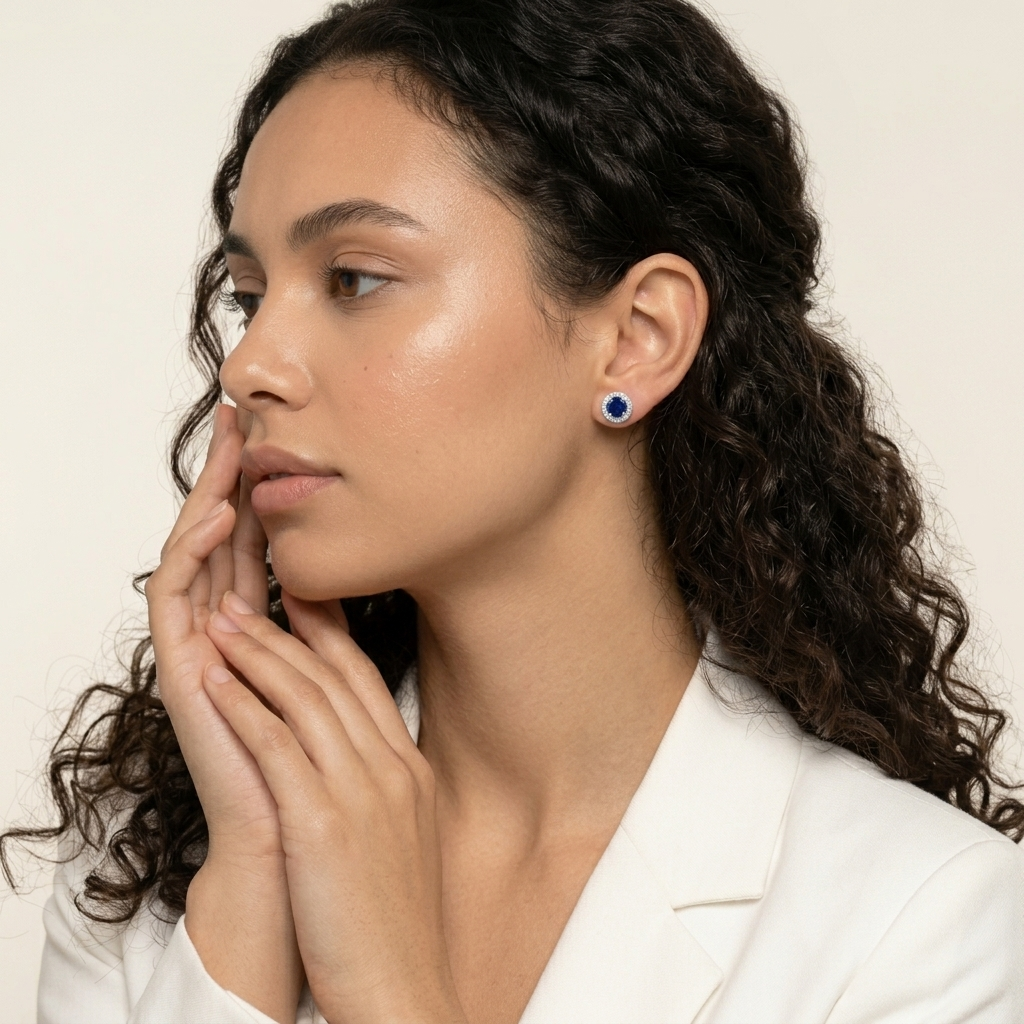Blue Round Halo Stud Earrings, additional product view 6