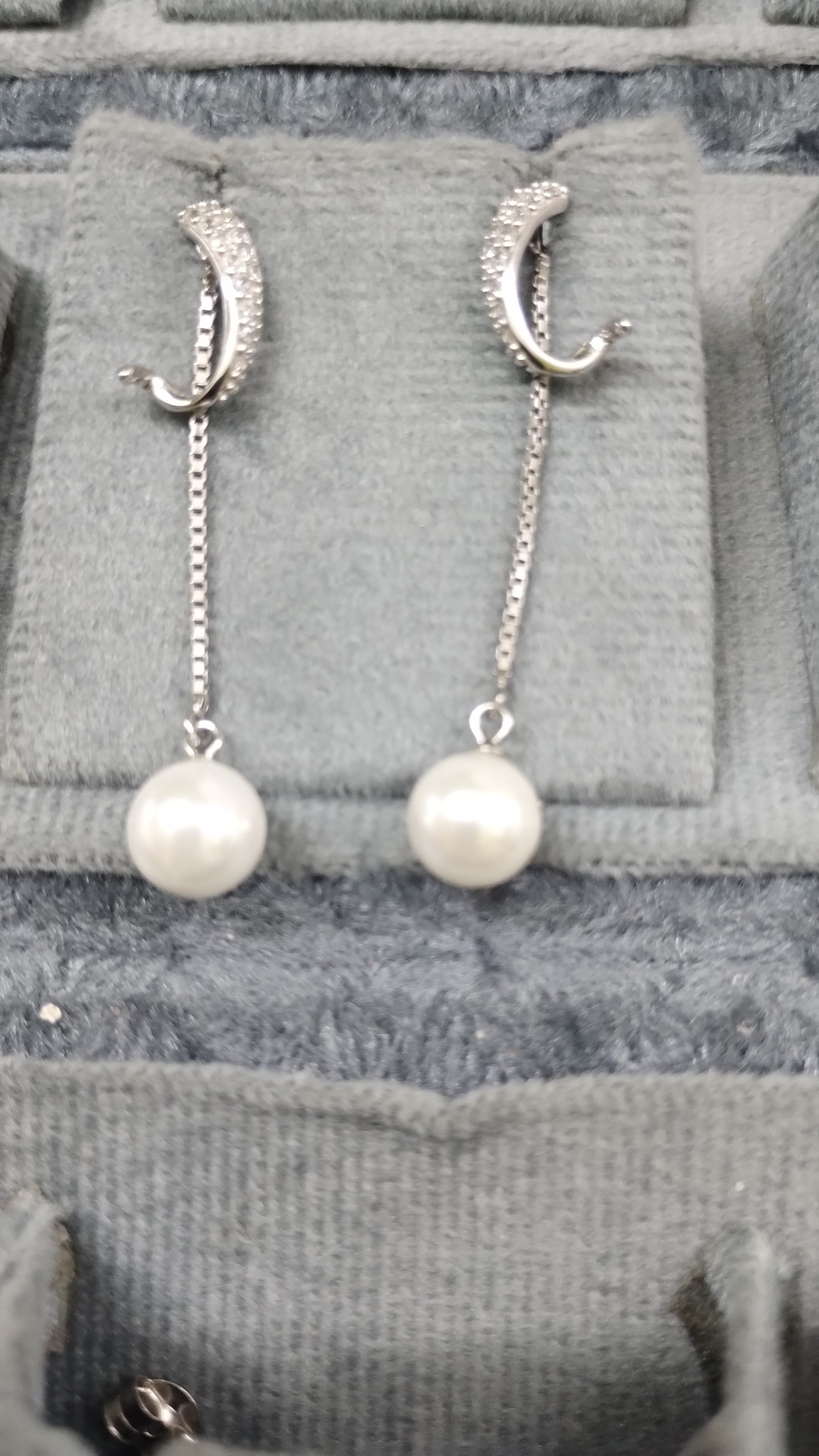 Silvme Pure 925 Sterling Silver Leaf Feather CZ Pearl Chain Drop Earrings — View 2