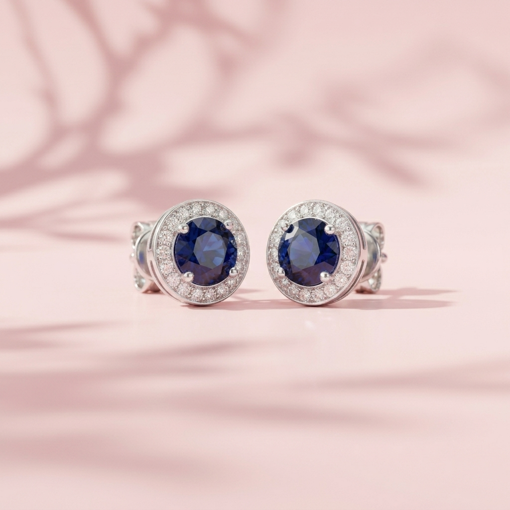 Blue Round Halo Stud Earrings, additional product view 3