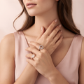 Silvme Circle Solitaire with cubic zirconia 925 sterling silver circle ring for women, two-tone rose gold and silver, halo ring silver, cz halo ring, close-up design detail