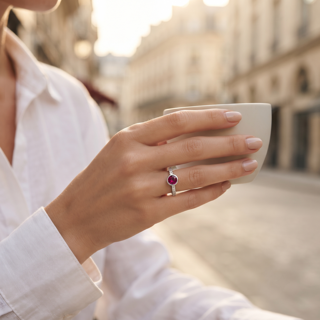 Silvme pink oval stone pave 925 sterling silver ring for women with vibrant pink oval centre stone on a pave band