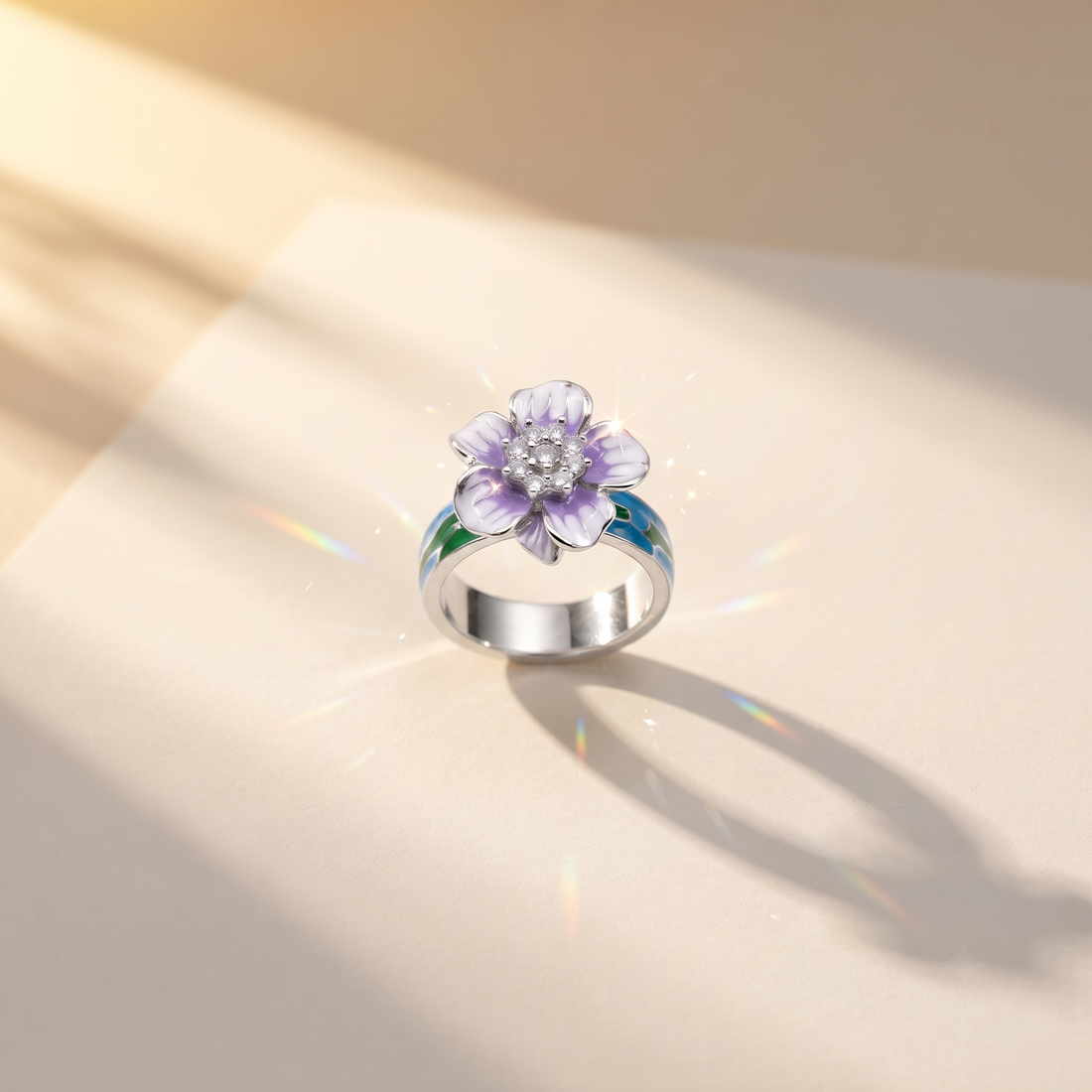 Silvme purple floral 925 sterling silver ring for women with purple petals with green and blue accents