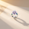 Adjustable free-size purple floral 925 silver ring for women with a comfortable open band