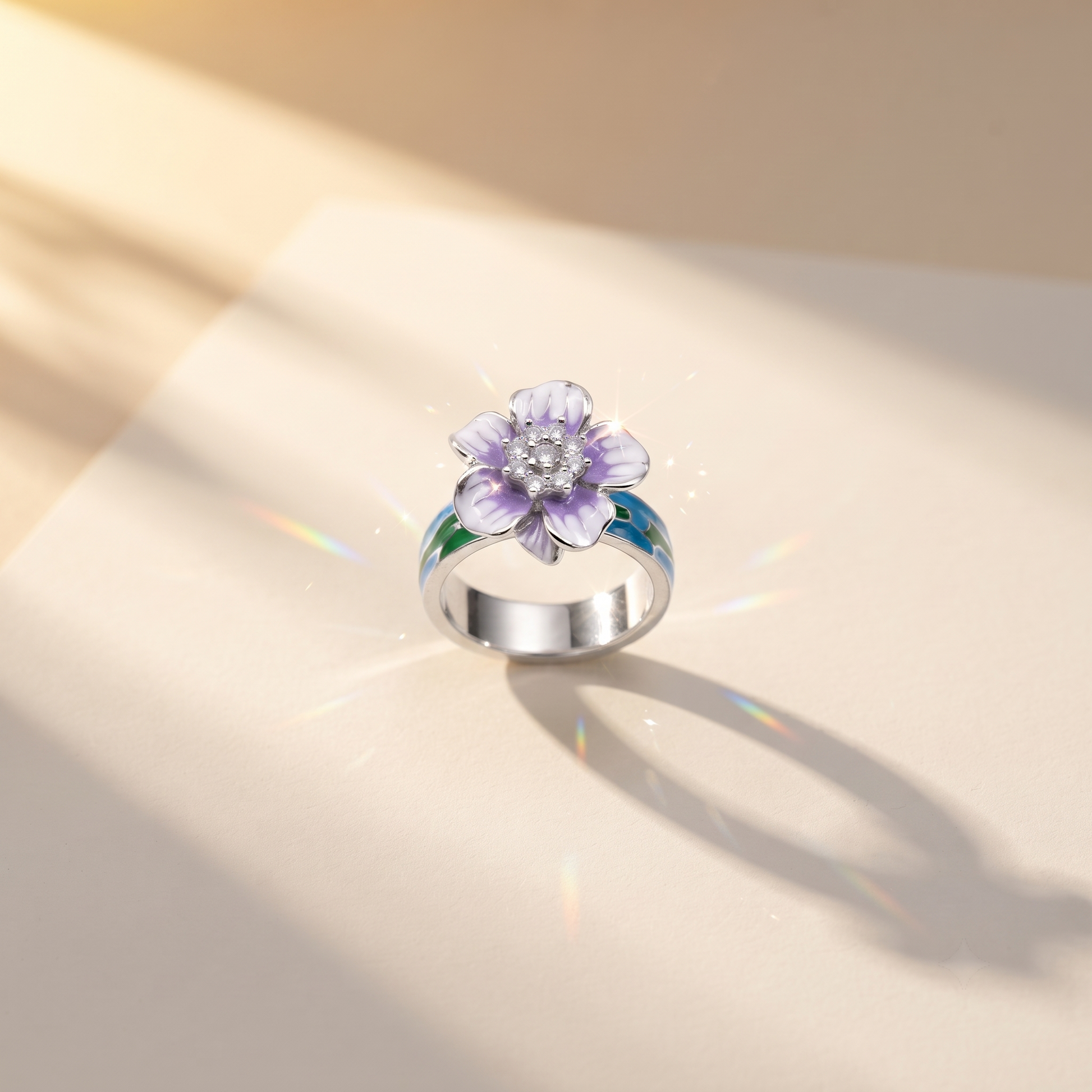 Adjustable free-size purple floral 925 silver ring for women with a comfortable open band