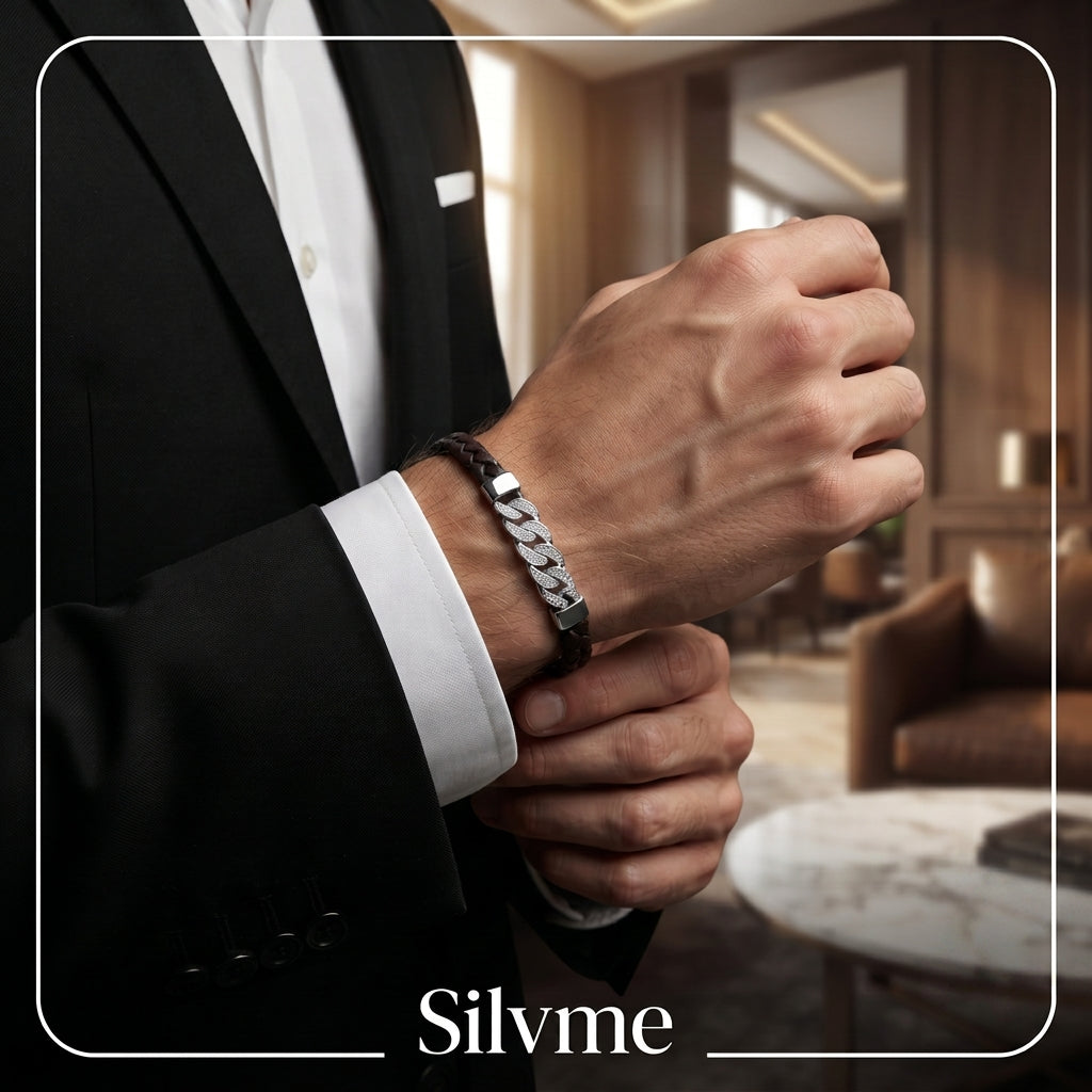 Link pattern and surface detail across the braided cord bracelet with pave bar by Silvme