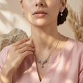 Silvme 925 silver geometric pink pendant necklace and stud earrings with pink cubic zirconia, pendant close-up